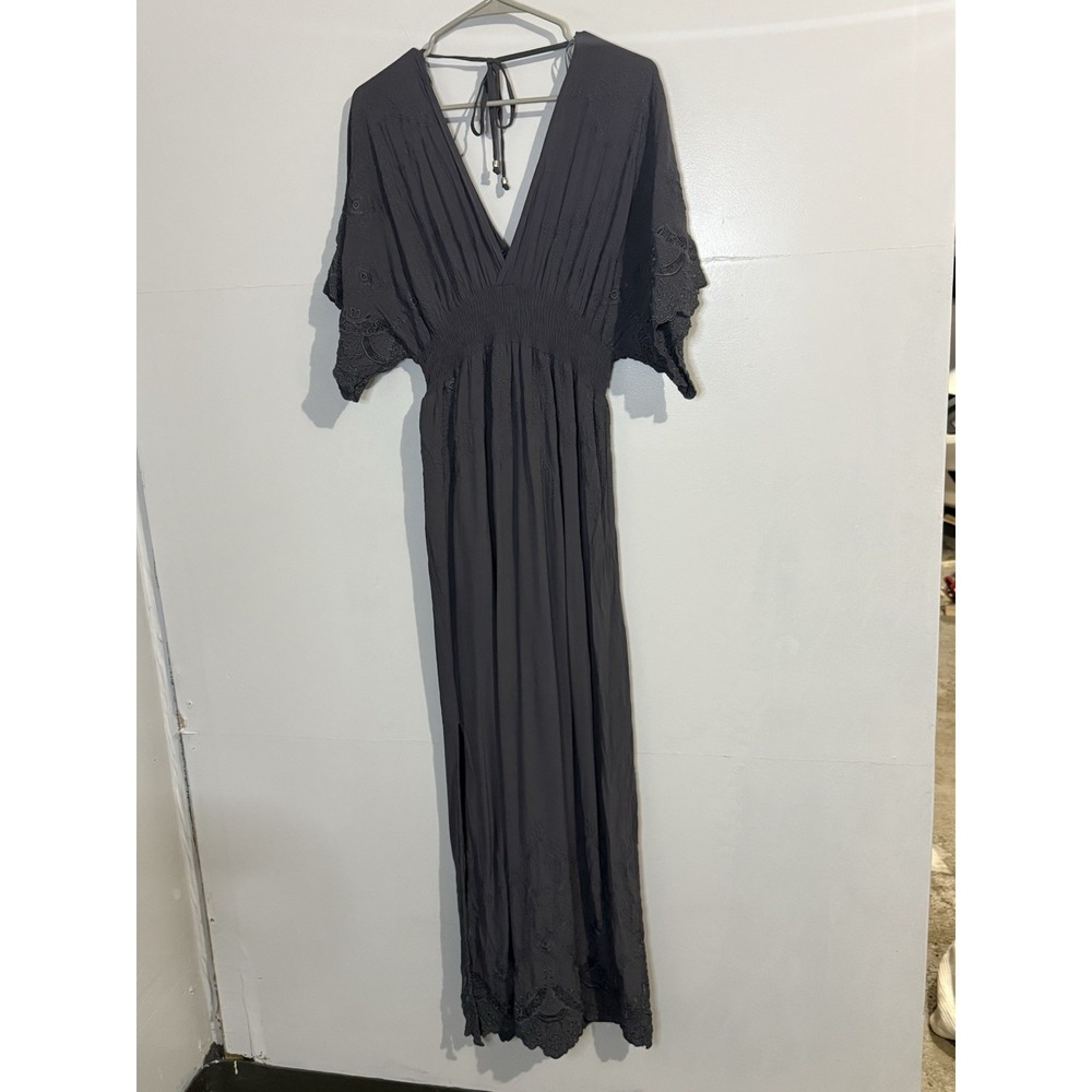 Lilyful Navy Blue Grey Embroidered Maxi Short Sleeve Duster size L Beach Coastal